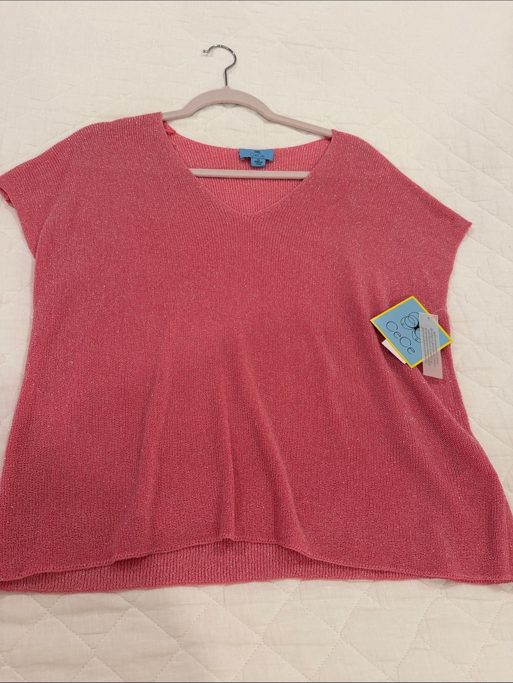 CeCe Shimmery Coral Knit V-Neck Top